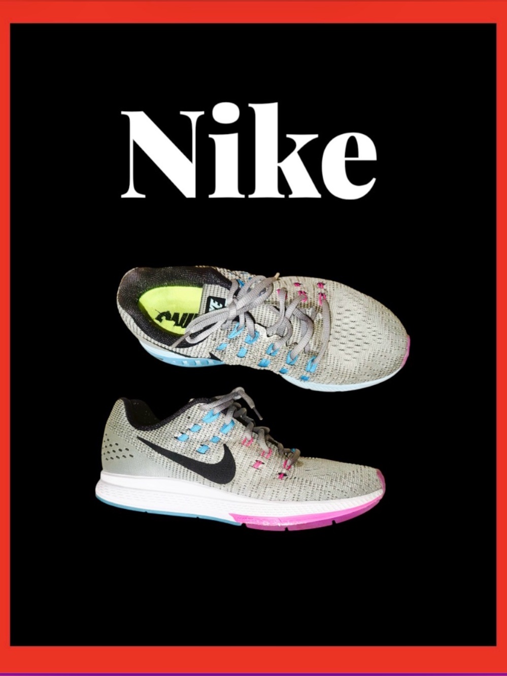 Nike Grey Knit Sneakers with Black Swoosh and Pink & Blue Accents